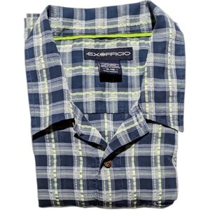 Exofficio Fishing Shirt Mens XL Navy Blue Plaid Short Sleeve Button Up EUC